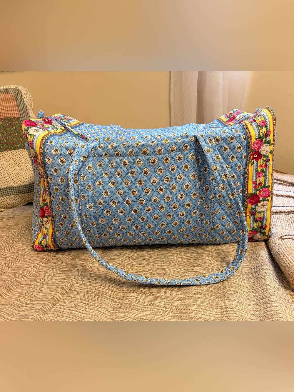 Vera Bradley Light Blue Quilted Travel Duffel with Yellow Floral Trim